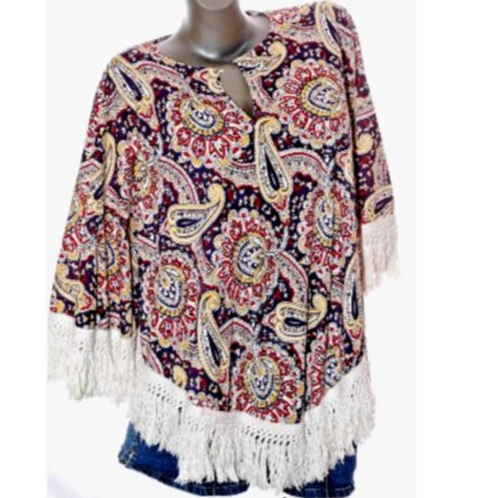 Vintage 70s Paisley PONCHO Fringe Cape Top Funky Shirt Boho Hippie Festival OSFM